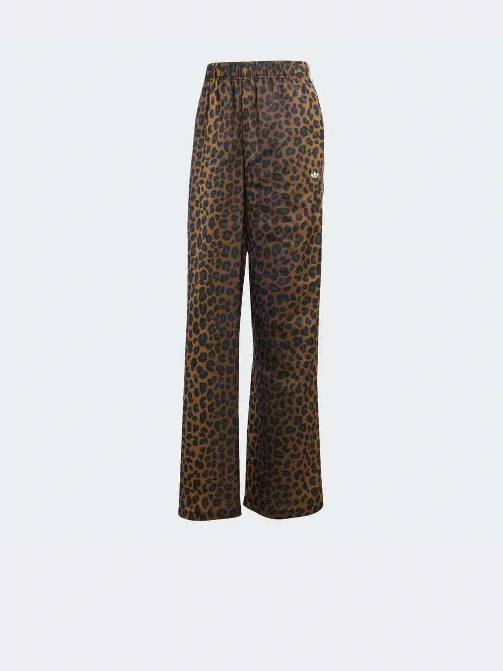 adidas Originals Women's Leopard Print Wide-Leg Satin Pants with White Stripes - Picture 4 of 6